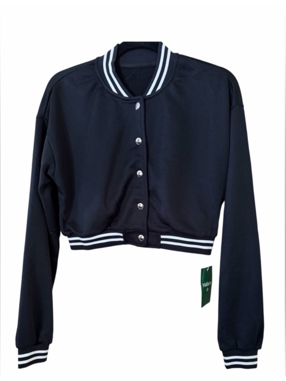 Halara Cropped Bomber Varsity Jacket, Ribbed Black and White Trim